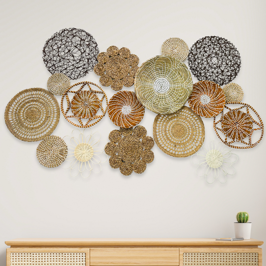 Handmade Woven Wall Basket Set: Boho Decor, Vietnamese Craft (17pcs), New Year Wall Decor