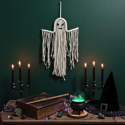 Boho Gothic Macrame Ghost - Handmade Halloween Wall Art Gift