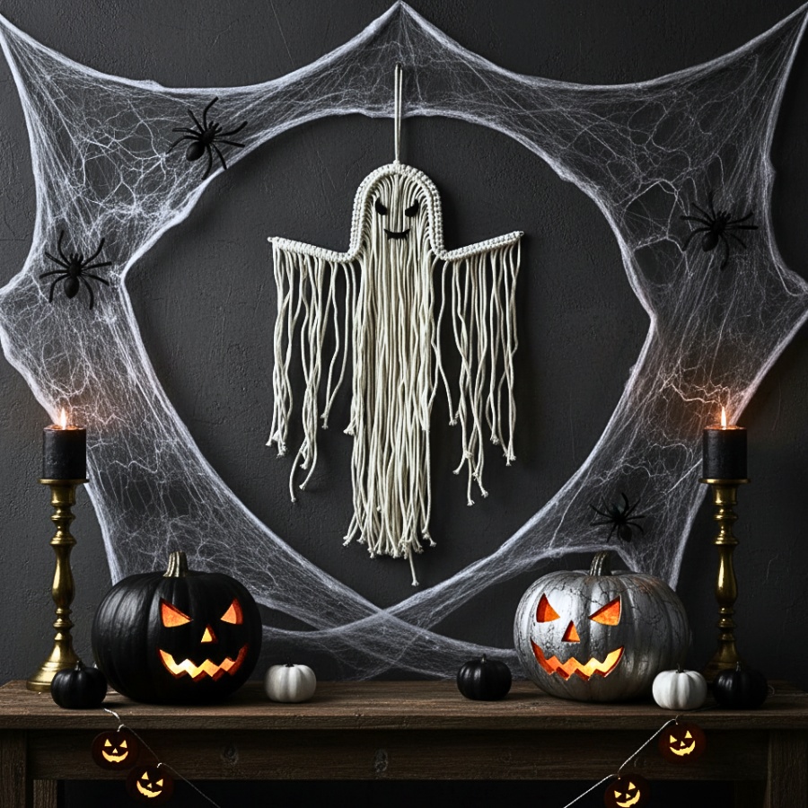 Boho Gothic Macrame Ghost - Handmade Halloween Wall Art Gift