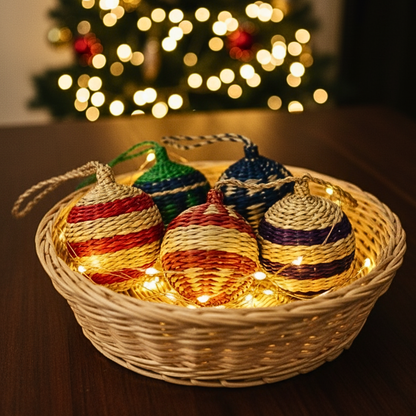 Set of 4 Handwoven Seagrass Christmas Ornaments Eco-Friendly Holiday Decor