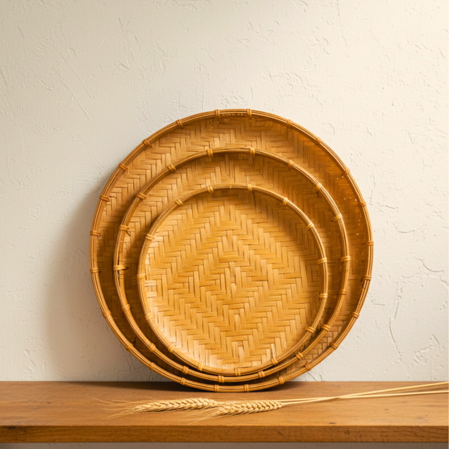 Natural Woven Bamboo Tray Set - Rustic Boho Home Decor