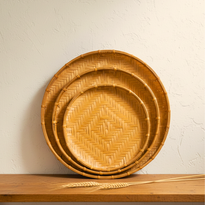 Natural Woven Bamboo Tray Set - Rustic Boho Home Decor