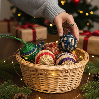 Set of 4 Handwoven Seagrass Christmas Ornaments Eco-Friendly Holiday Decor