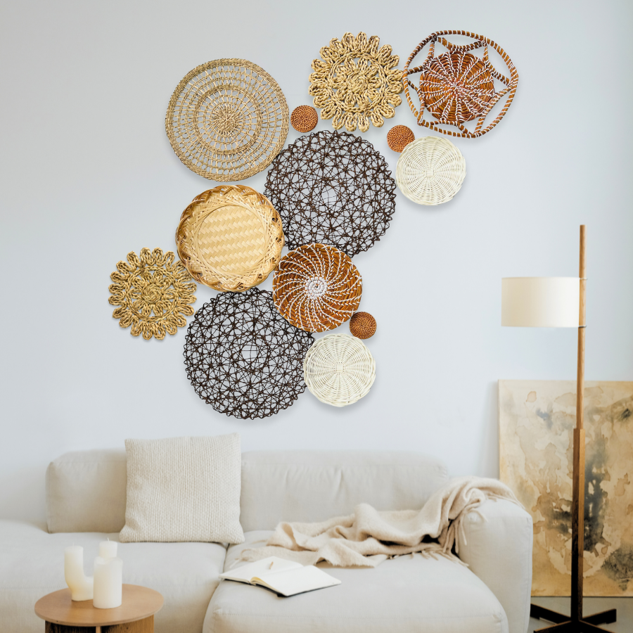 Woven Wall Basket Set: 13 Piece Boho Wicker Decor, Christmas Decor Boho Wall Art