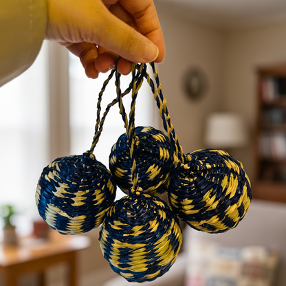 Navy Handwoven Seagrass Christmas Balls (Set of 4) – Boho Hanging Ornaments for Xmas Tree Decor