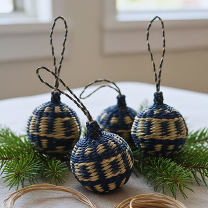 Navy Handwoven Seagrass Christmas Balls (Set of 4) – Boho Hanging Ornaments for Xmas Tree Decor