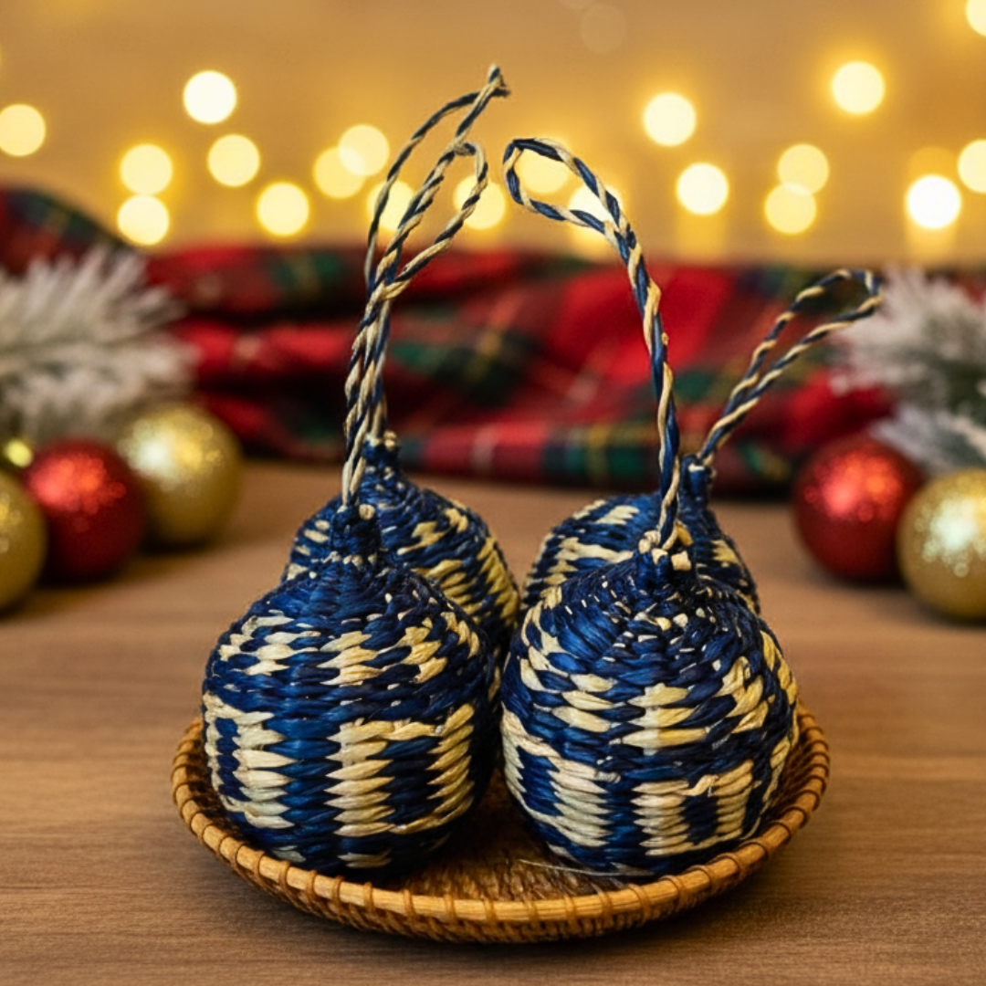 Navy Handwoven Seagrass Christmas Balls (Set of 4) – Boho Hanging Ornaments for Xmas Tree Decor