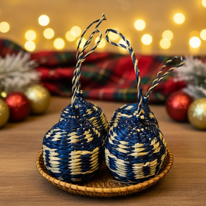 Navy Handwoven Seagrass Christmas Balls (Set of 4) – Boho Hanging Ornaments for Xmas Tree Decor