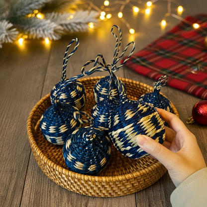 Navy Handwoven Seagrass Christmas Balls (Set of 4) – Boho Hanging Ornaments for Xmas Tree Decor