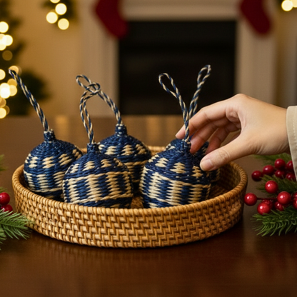 Navy Handwoven Seagrass Christmas Balls (Set of 4) – Boho Hanging Ornaments for Xmas Tree Decor