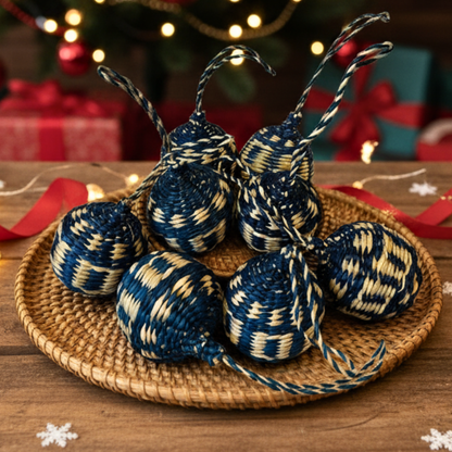 Navy Handwoven Seagrass Christmas Balls (Set of 4) – Boho Hanging Ornaments for Xmas Tree Decor