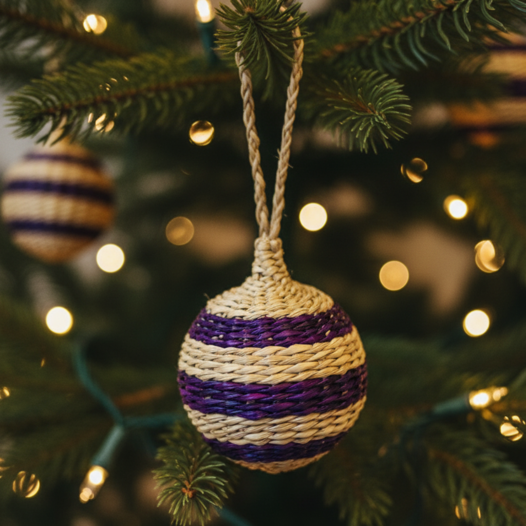 Handmade Purple Seagrass Christmas Ornaments Mexican Style Holiday Decor