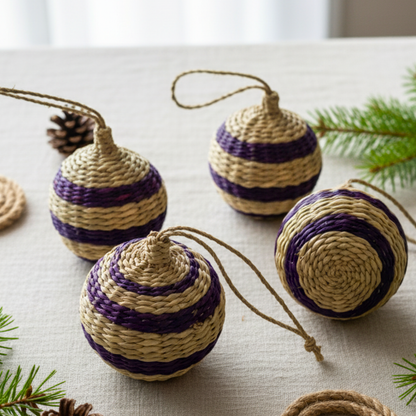 Handmade Purple Seagrass Christmas Ornaments Mexican Style Holiday Decor