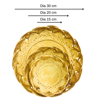 Set of 3 Woven Flower Shape Bamboo Flat Basket Tray: Handmade Round Woven Basket for Dining Table & Wall Hanging