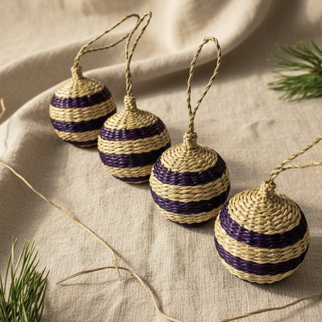 Handmade Purple Seagrass Christmas Ornaments Mexican Style Holiday Decor