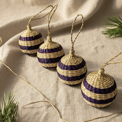 Handmade Purple Seagrass Christmas Ornaments Mexican Style Holiday Decor