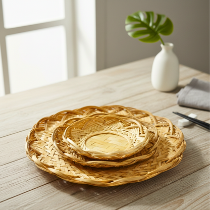 Set of 3 Woven Flower Shape Bamboo Flat Basket Tray: Handmade Round Woven Basket for Dining Table & Wall Hanging