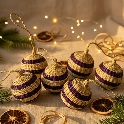 Handmade Purple Seagrass Christmas Ornaments Mexican Style Holiday Decor