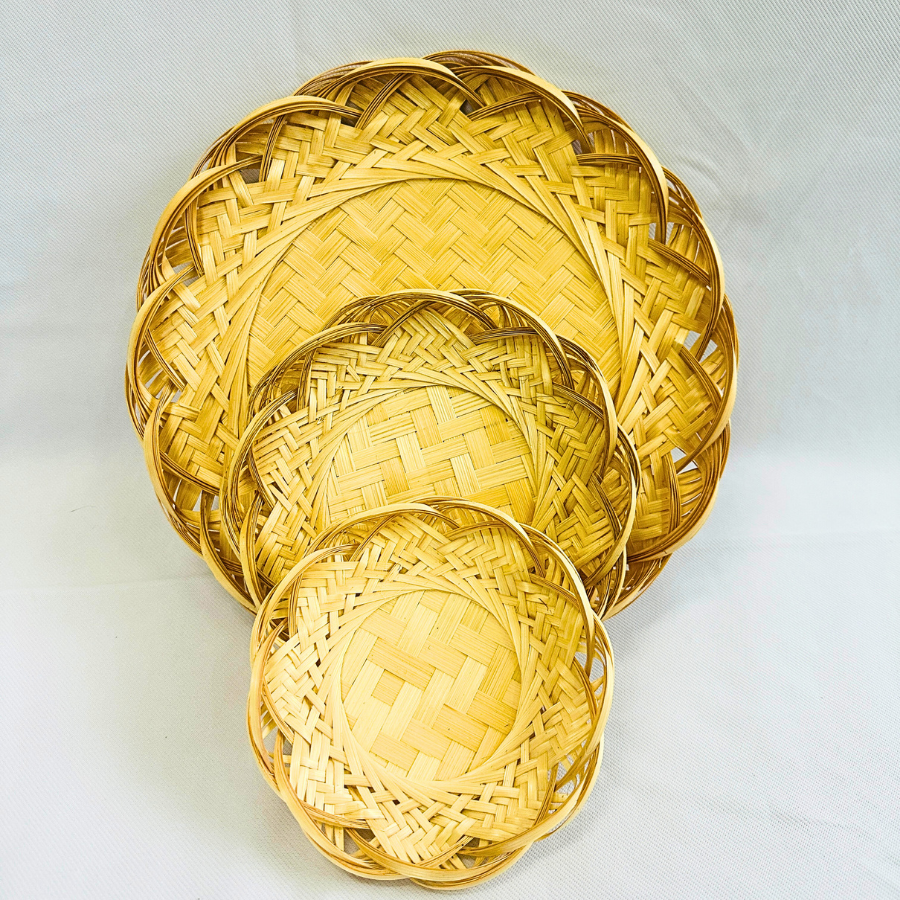 Set of 3 Woven Flower Shape Bamboo Flat Basket Tray: Handmade Round Woven Basket for Dining Table & Wall Hanging