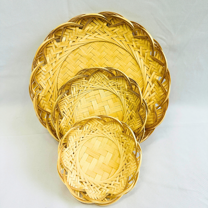 Set of 3 Woven Flower Shape Bamboo Flat Basket Tray: Handmade Round Woven Basket for Dining Table & Wall Hanging
