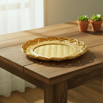 Set of 3 Woven Flower Shape Bamboo Flat Basket Tray: Handmade Round Woven Basket for Dining Table & Wall Hanging