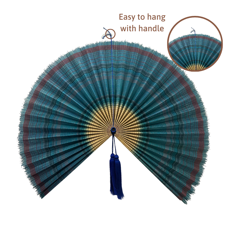Handmade Ocean Blue Bamboo Wall Fan (40in) Coastal Boho Christmas Decor