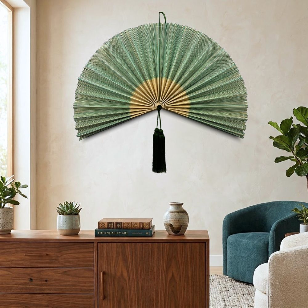 Large Oversized Green Bamboo Folding Fan Wall Decor with Tassel, Boho Woven Wall Hanging, Statement Headboard & Home Decor Accent