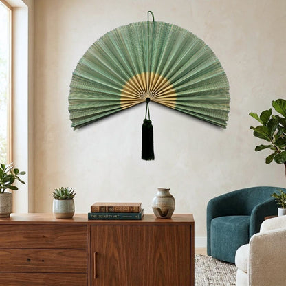 Large Oversized Green Bamboo Folding Fan Wall Decor with Tassel, Boho Woven Wall Hanging, Statement Headboard & Home Decor Accent
