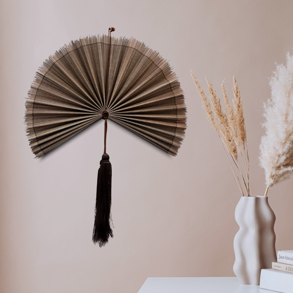 20-inch Chestnut Brown Bamboo Wall Fan – Boho Wabi Sabi Style Decor, Handcrafted Bamboo Fan for Living Room, Bedroom & Gift Idea