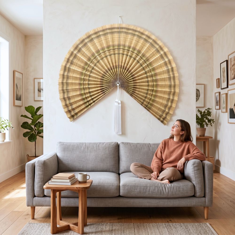 Oversized Bamboo Fan Wall Art, Natural Boho Headboard Decor, Handcrafted Japanese Style