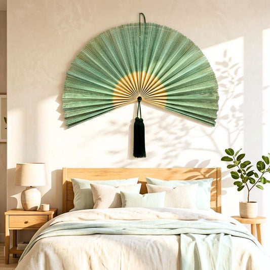 Large Oversized Green Bamboo Folding Fan Wall Decor with Tassel, Boho Woven Wall Hanging, Statement Headboard & Home Decor Accent