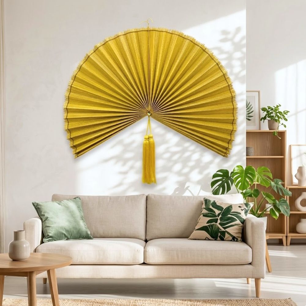 Large Oversized Yellow Bamboo Folding Fan Wall Decor with Tassel, Boho Woven Wall Hanging, Statement Headboard & Summer Home Accent