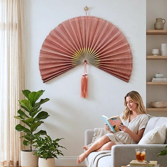 Pink Bamboo Folding Wall Fan, Oversized Boho Headboard Decor for Living Room