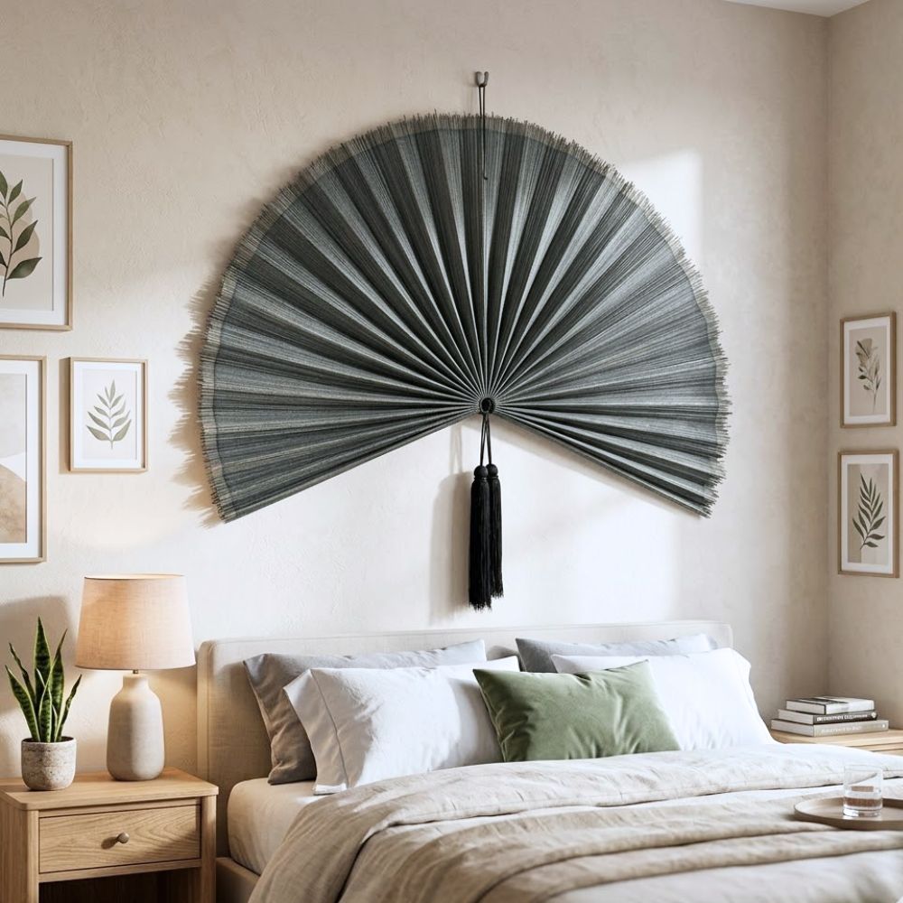Oversized Grey Bamboo Fan Wall Decor – Handmade Folding Wall Art for Boho Living Room