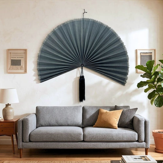 Oversized Grey Bamboo Fan Wall Decor – Handmade Folding Wall Art for Boho Living Room