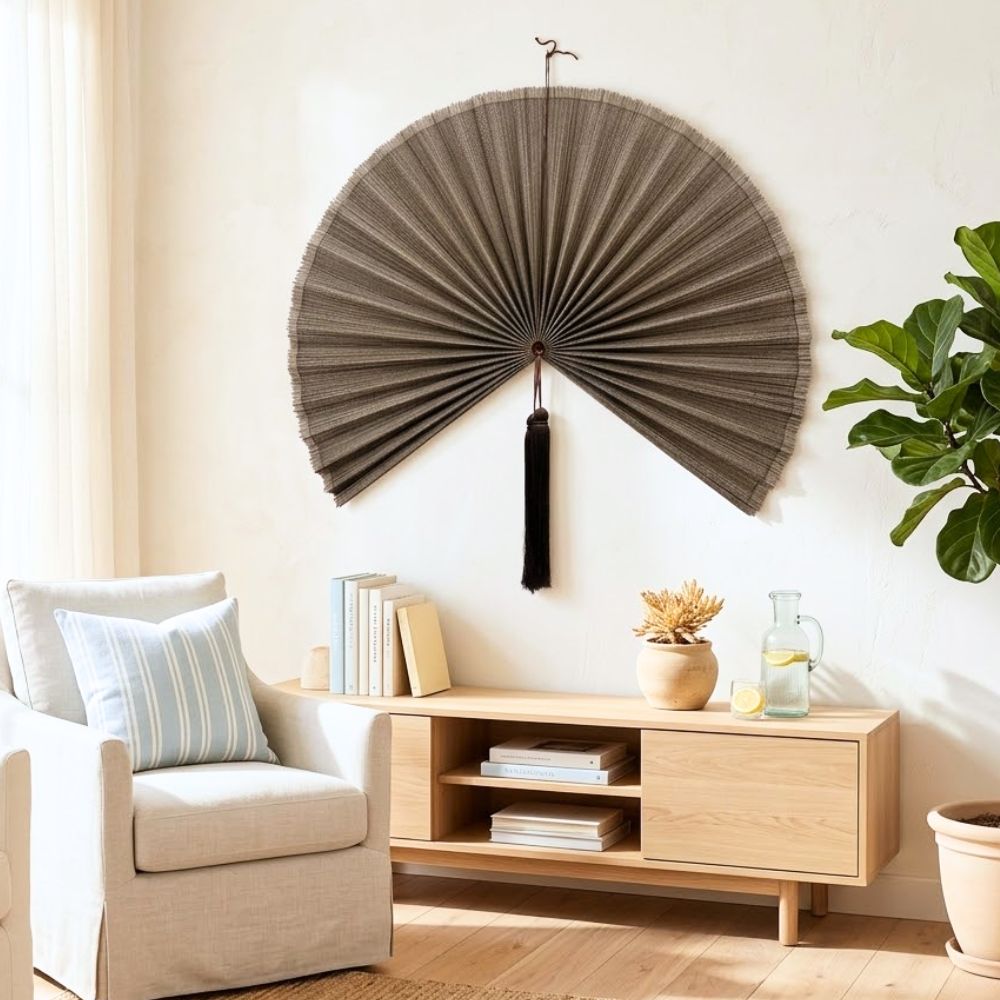 Handwoven Large Bamboo Wall Fan Decor – Japandi Style Natural Wall Art Headboard – Boho Home Decoration for Living Room & Bedroom