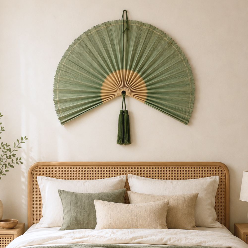 Large Oversized Green Bamboo Folding Fan Wall Decor with Tassel, Boho Woven Wall Hanging, Statement Headboard & Home Decor Accent