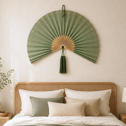 Large Oversized Green Bamboo Folding Fan Wall Decor with Tassel, Boho Woven Wall Hanging, Statement Headboard & Home Decor Accent