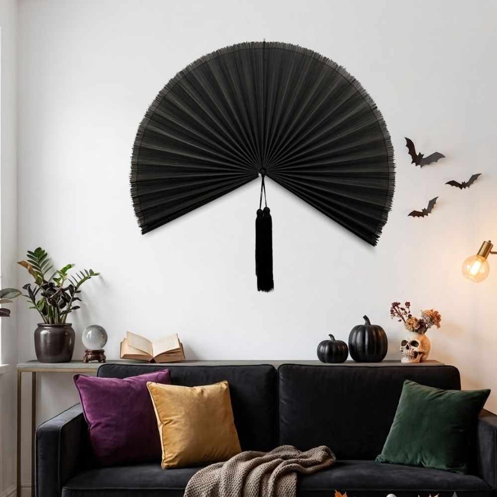 Black Bamboo Wall Fan Decor, Gothic Boho Halloween Wall Art, Dark Bohemian Home Decor & Statement Accent
