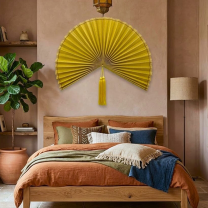 Large Oversized Yellow Bamboo Folding Fan Wall Decor with Tassel, Boho Woven Wall Hanging, Statement Headboard & Summer Home Accent