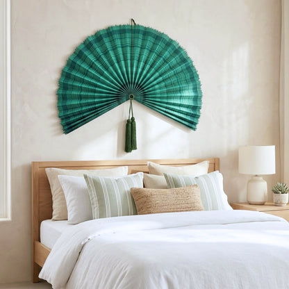 Oversized Large Bamboo Wall Fan – Emerald Green Handwoven Wall Decor, Natural Statement Hanging Art for Living Room, Bedroom & Home Interior