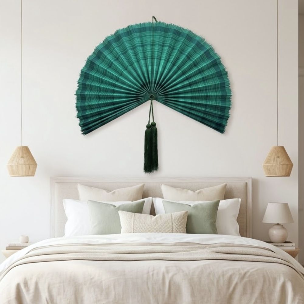 Oversized Large Bamboo Wall Fan – Emerald Green Handwoven Wall Decor, Natural Statement Hanging Art for Living Room, Bedroom & Home Interior