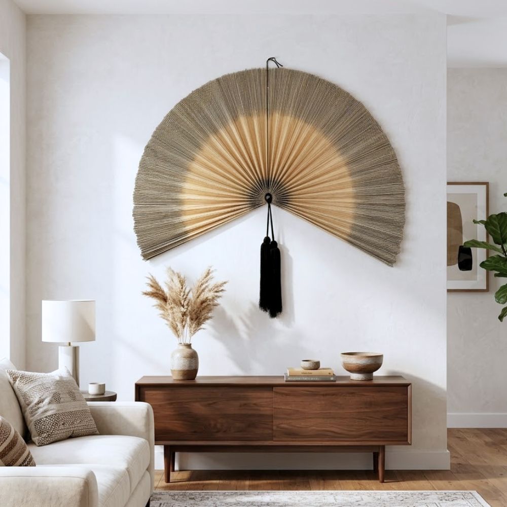 Handcrafted Large Bamboo Wall Fan Decor – 40 Inch Natural Woven Wall Art with Tassel Accent, Boho Home Statement Piece & Handmade Gift Idea