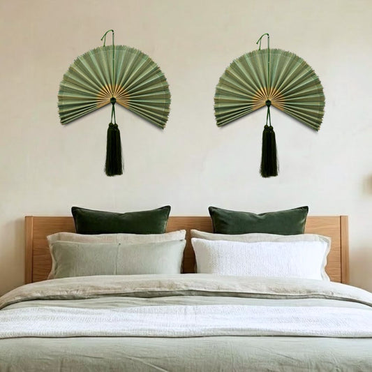 Green Bamboo Wall Fan Wall Decor, Summer Boho Wall Art, Woven Fan Headboard, Handmade Hanging Gift Idea