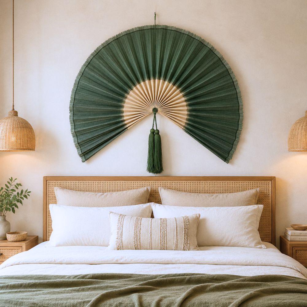 Large Bamboo Wall Fan – Handmade Boho Japandi Headboard & Wall Decor, Handcrafted Bamboo Wall Fan