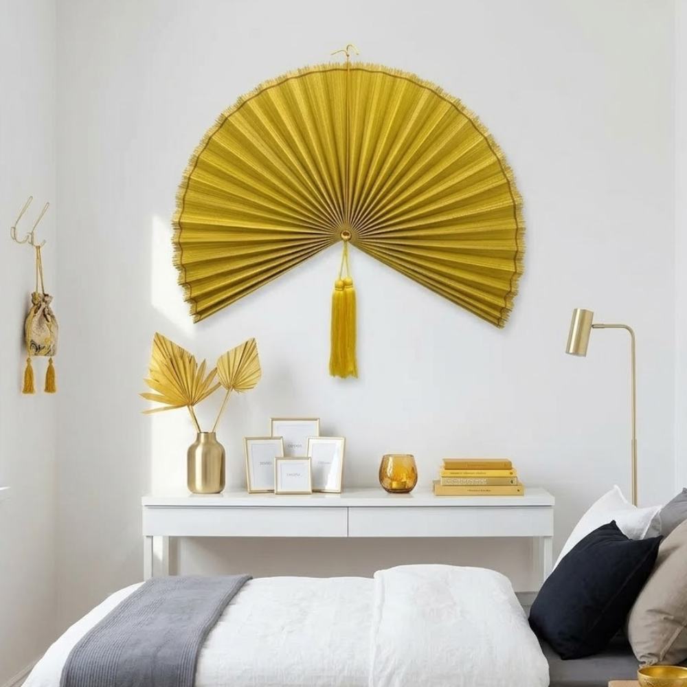 Large Oversized Yellow Bamboo Folding Fan Wall Decor with Tassel, Boho Woven Wall Hanging, Statement Headboard & Summer Home Accent