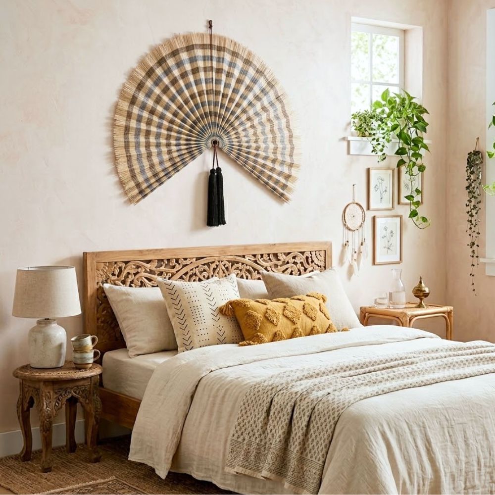 Handcrafted Bamboo Wall Fan Decor – Oversized Natural Woven Wall Hanging with Tassel Accent