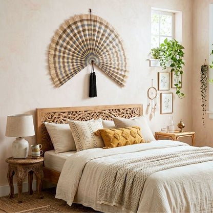 Handcrafted Bamboo Wall Fan Decor – Oversized Natural Woven Wall Hanging with Tassel Accent