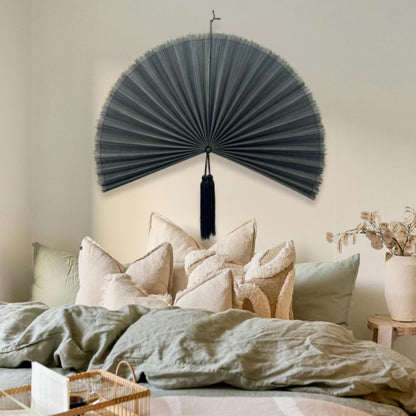 Oversized Grey Bamboo Fan Wall Decor – Handmade Folding Wall Art for Boho Living Room