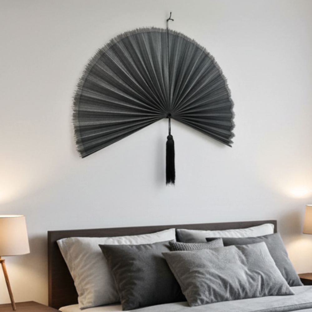 Oversized Grey Bamboo Fan Wall Decor – Handmade Folding Wall Art for Boho Living Room
